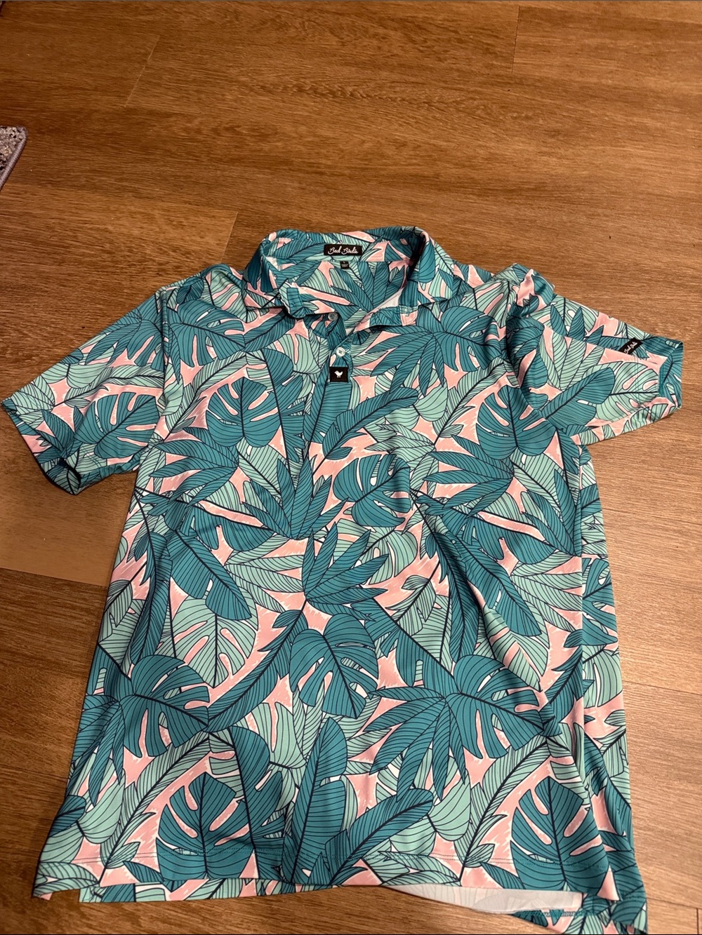 Bad Birdie Teal & Pink Tropical Leaf Polo